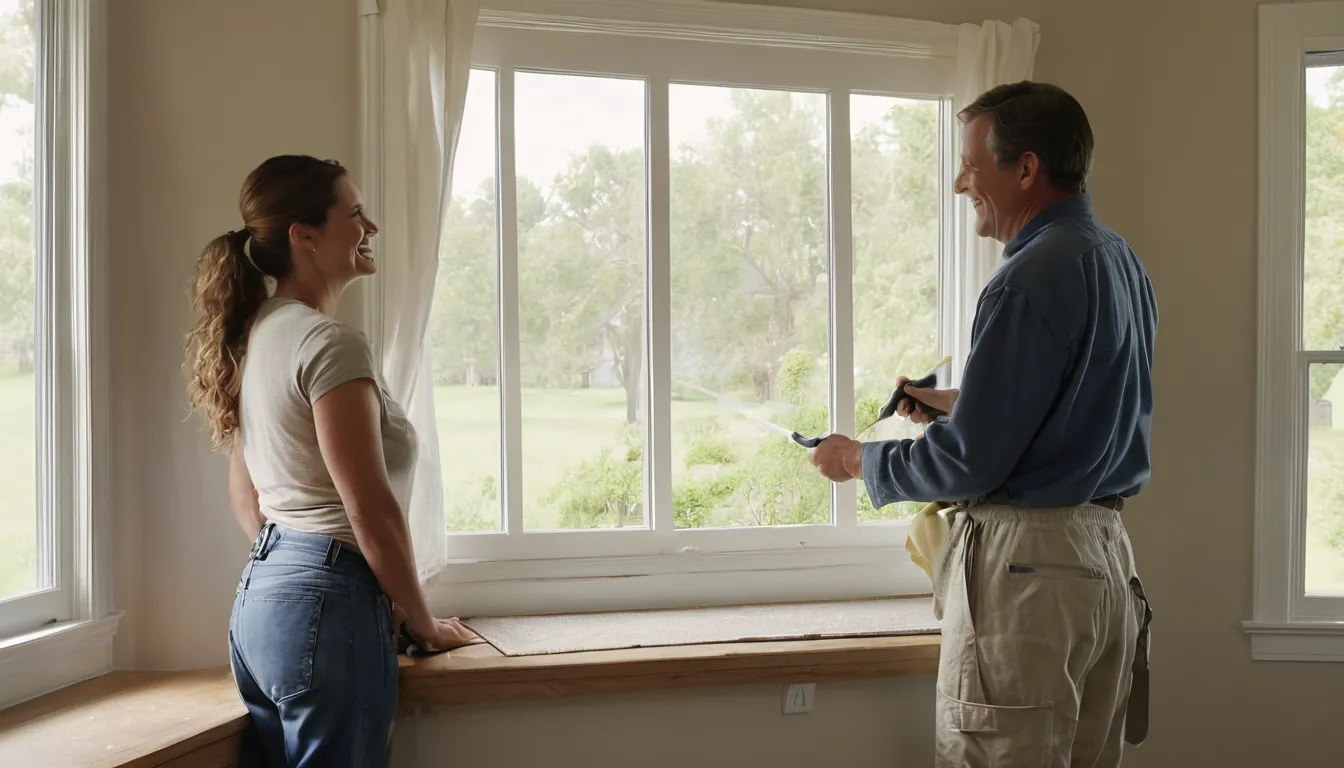 A friendly provider showing a homeowner a new window sample in a bright living room in the Denver area